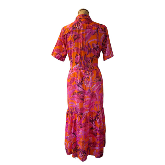 Vilagallo pink and orange tropical floral short sleeve tiered maxi dress L - Picture 4 of 8